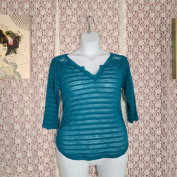 NWT Self esteem turquoise sheer striped lace blouse size large - Picture 1 of 9